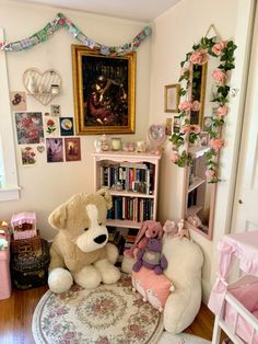 a large teddy bear sitting on top of a chair in a room filled with furniture