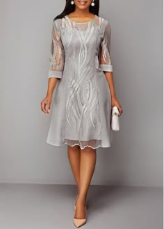 Light Grey Dress, Lace Panel Dress, Grey Midi Dress, Club Party Dresses, Lace Dress With Sleeves, Panel Dress, Lace Panelled, Party Dresses For Women