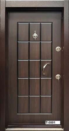 a wooden door with metal handles and glass panels