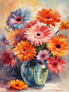 an oil painting of colorful flowers in a vase