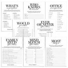 six black and white wedding game cards with the words'who knows, would you be?