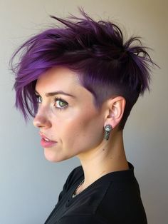 36 Bold Punk Haircuts for Women That Will Make You Stand Out Black And Purple Pixie Hair, Short Purple Hair Pixie, Punk Pixie Cut, Dyed Pixie Cut