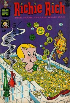 an old comic book cover with a cartoon character in the bathtub filled with money