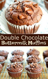 double chocolate buttermik muffins on a cooling rack with text overlay