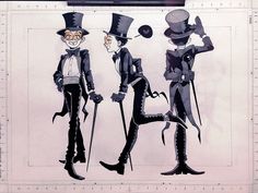 three cartoon characters dressed in black and white