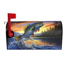 a mailbox with a painting of a fish jumping out of the water at sunset