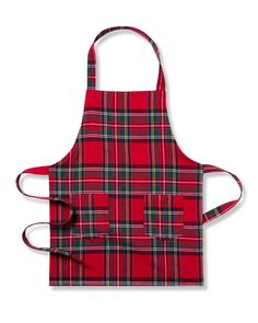 a red plaid apron with two pockets