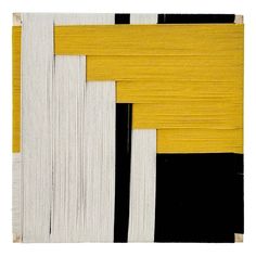 an abstract painting with yellow, black and white stripes