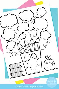 a printable coloring page with an apple and pencils in the box on top