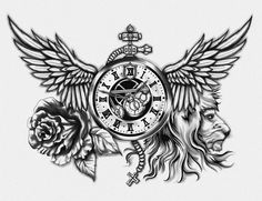 a clock with two lions and roses on it's face is surrounded by wings