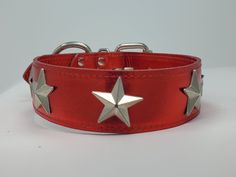 a red leather collar with silver stars on it