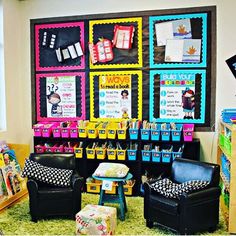 the classroom is decorated with bright colors and lots of books