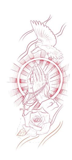 a drawing of a hand holding a rosary with a dove above it and the word jesus on