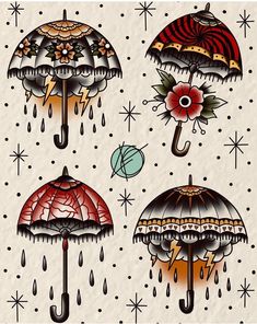 four umbrellas with different designs on them, one has flowers and the other has rain drops