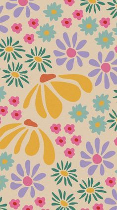 an image of a colorful flower pattern on a white background with pink, blue, yellow and green flowers