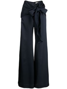 navy blue satin finish bow detailing belted waist high-waisted wide leg concealed rear zip fastening straight hem floor-length Pants With Bow, Satin Trousers, Fashion School, Indo Western, Blue Satin, School Fashion, High Waisted Trousers, High Waisted Pants, Satin Finish