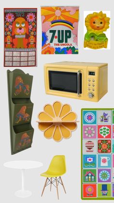 a bunch of items that include a microwave, chair, table and wall hangings