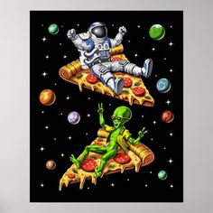 an astronaut is sitting on top of a slice of pizza and another alien is flying over it