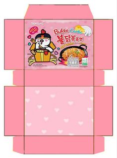 an open box with some food in it on top of a pink paper sheet that has hearts