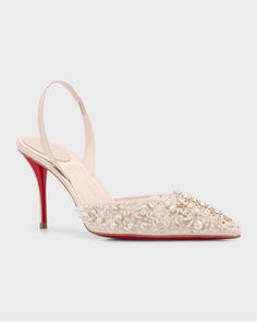 Christian Louboutin crystalembellished silk cocktail pumps    3.15 in / 80 mm stiletto heel    Pointed toe    Stretch slingback strap    Signature red leather outsole    Made in Italy Red Louboutin, Red Sole, Slingback Pump, Lace Tops, Stiletto Heel, Manolo Blahnik, Red Leather, Neiman Marcus