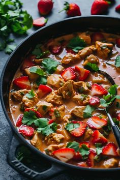 Close-up of a chicken and strawberry dish garnished with fresh cilantro in a skillet, illustrating a fusion cuisine recipe. Savoury Strawberry Recipes, Strawberry Recipes Savory, Strawberry Dinner Recipes, Savory Strawberry Recipes, Strawberry Dinner, Strawberry Dishes, Comfort Soup Recipes, Strawberry Glaze