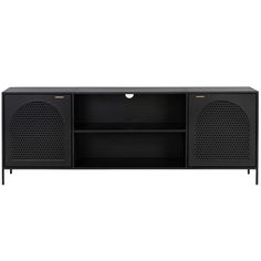 a black entertainment center with two speakers on the front and one speaker in the back