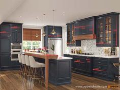 a kitchen with dark blue cabinets and white counter tops