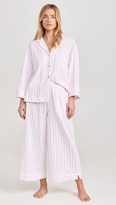 Petite Plume Women's Luxe Pink Stripe Wide Leg Pajama Set | Shopbop Bridesmaids Pjs, Bridesmaid Pjs, Pink Pajamas, Womens Pyjama Sets, Pink Brand, Game Night, Saturday Night, Pink Stripes, Pima Cotton