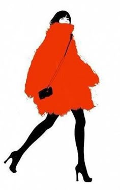 a woman in an orange fur coat and black heels with a handbag on her shoulder