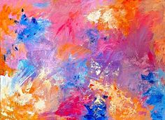 an abstract painting with blue, orange and pink colors