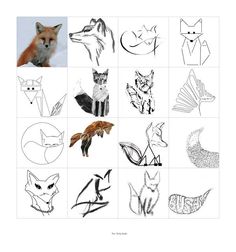 an image of some animals that are drawn in different styles and sizes, including foxes