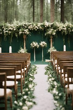 the aisle is lined with white flowers and greenery