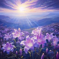 a painting of purple flowers with the sun setting in the sky above them and mountains