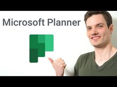 a man points to the microsoft planner logo on a white wall behind him is a green rectangle