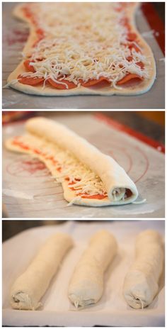 the process of making pizza rolls with cheese and tomato sauce on top, then rolled up