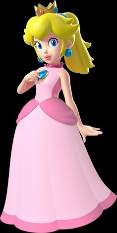 the princess peach from mario kart is wearing a pink dress and holding a blue object