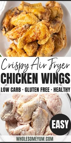 chicken wings with text overlay that reads crispy air fryer chicken wings low carb, gluen free healthy