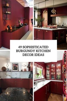 red kitchen cabinets with white marble counter tops and wooden flooring are featured in this collage