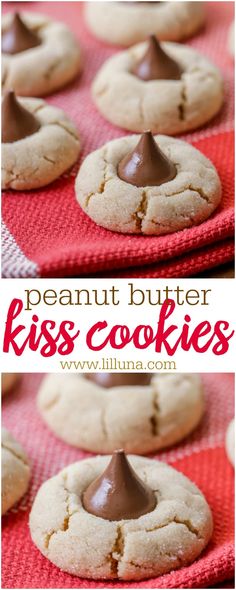 peanut butter kiss cookies with chocolate frosting on top and in the middle, sitting on a red towel