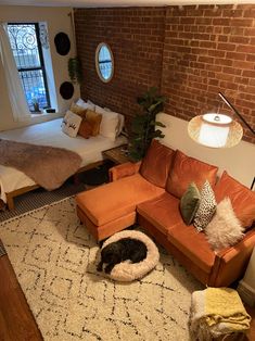 a living room filled with furniture and a cat bed