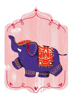 an elephant is painted on a pink background with red and orange accents, in the shape of a frame