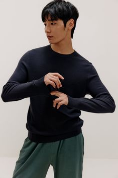 A timeless, versatile cool-weather style staple, our Men’s Knitted Sweater is made from 100% wool to be a cozy essential and pair well with anything – in one day you can wear it over any shirt for a nice work-from-home outfit, then layer on a jacket as you head out for a casual evening event. Details Materials & Care Shipping & Returns • Long sleeve with classic crew neck, a cozy staple for your fall and winter wardrobe.• Made from genuine sheep's wool: soft, warm, yet breathable. Size M is 26.8 Relaxed Fit Merino Wool Sweater, Solid Merino Wool Sweater In Relaxed Fit, Merino Wool Sweater In Solid Color With Relaxed Fit, Navy Fitted Sweater With Ribbed Cuffs, Fitted Navy Sweater With Ribbed Cuffs, Versatile Merino Wool Sweater For Winter, Navy Fine Knit Sweater For Fall, Fitted Sweater With Ribbed Cuffs For Everyday, Versatile Merino Wool Winter Sweater