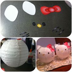 paper lanterns with hello kitty faces and bows on them are shown in three different pictures