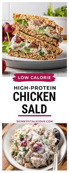 the chicken salad sandwich is cut in half and stacked on top of each other with text overlay reading low calorie high protein chicken salad