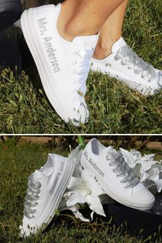 two pictures of someone's white shoes with flowers on the bottom, and one showing them