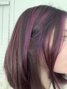 Balayage With Color Streaks, Plum Color Highlights, Bright Hair Aesthetic, Purple Highlights Light Brown Hair Peekaboo, Purple Hair Ideas Highlights, Light Dyed Hair Colors, Brunette Hair Purple Highlights, Hairspo Short