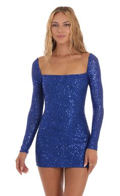 Giulia Sequin Long Sleeve Dress in Blue | LUCY IN THE SKY Drag Dresses, Sequin Long Sleeve Dress, Long Sleeve Sequin Dress, Slim Hips, Sequin Sleeve, Dress Slim, Hip Dress, Sequin Fabric, Hoco Dresses