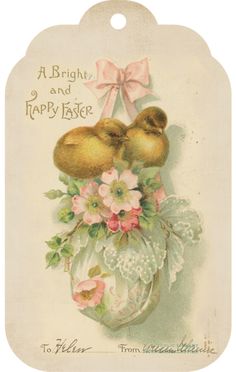 an old fashioned easter card with two little ducks in a basket filled with pink flowers