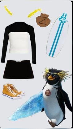 an image of a penguin with surfboards and other things around it, including shoes