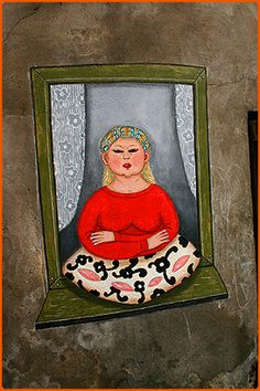 a painting of a woman sitting in front of a window with her hands on her hips